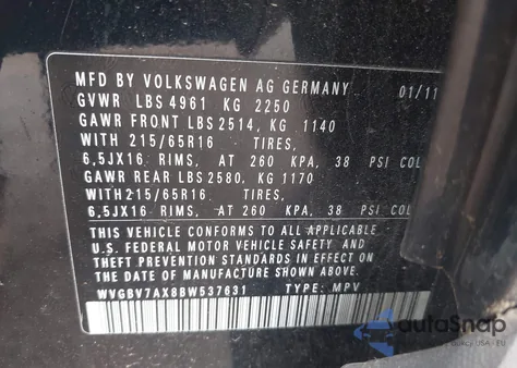 2011 Volkswagen Tiguan S z USA, uszkodzony, nr VIN WVGBV7AX8BW537631